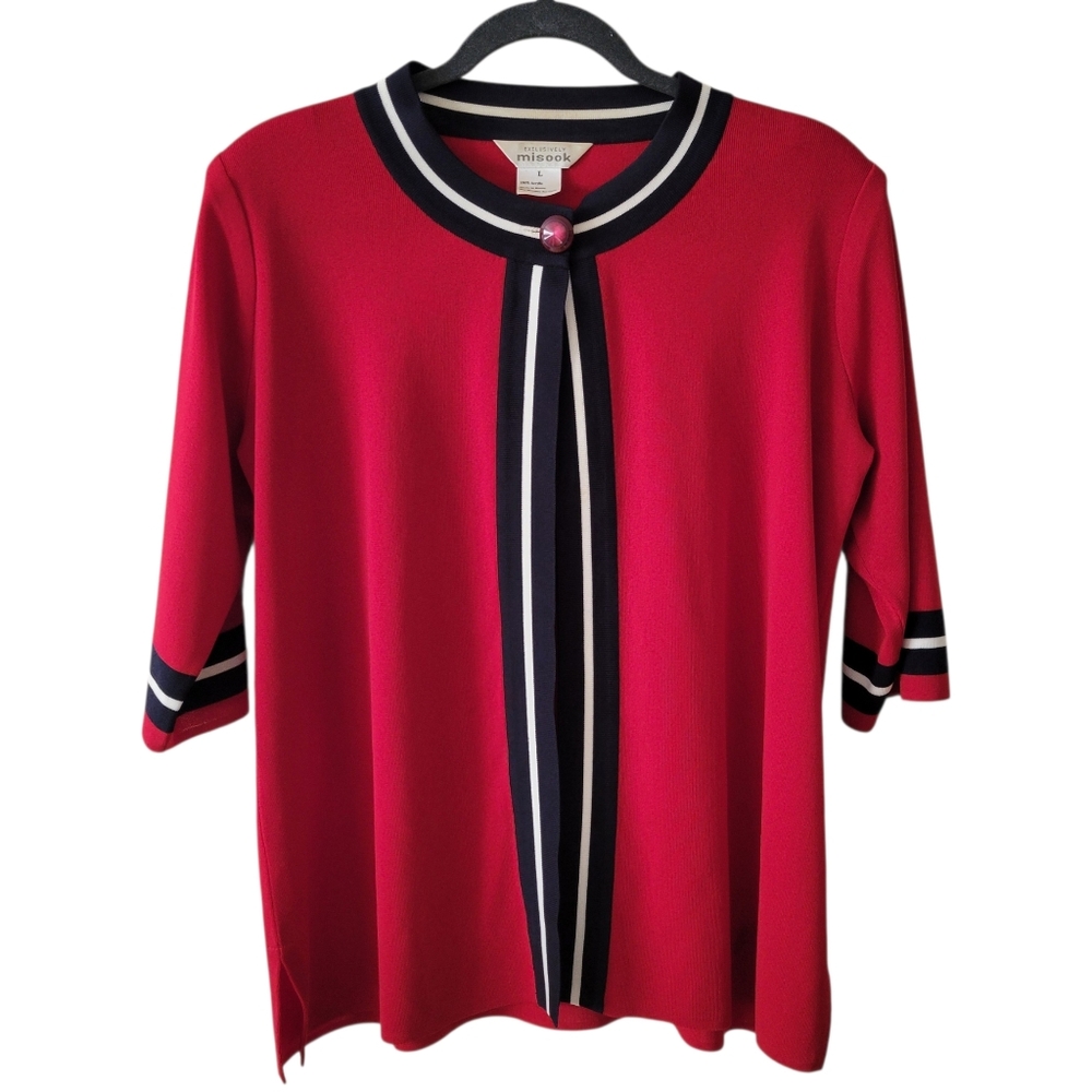 Misook Red Short Sleeve One Button Cardigan Sweater‎ Size Large